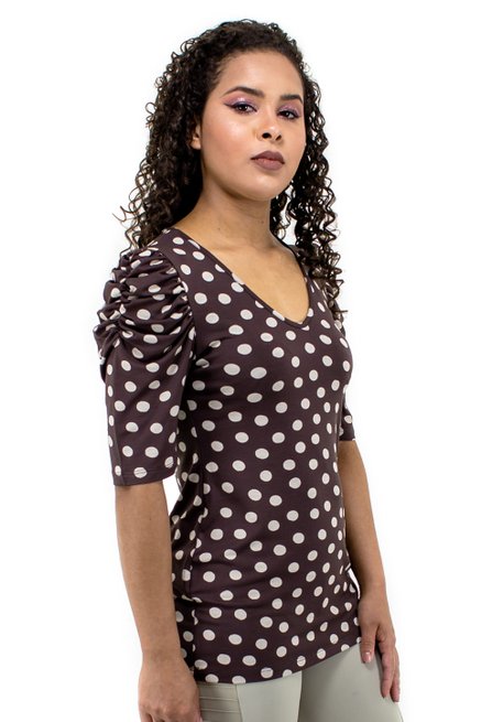 Blusa Manga Bufante Curta Estampa Poá Marrom