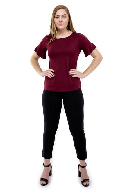  Blusa Manga Curta Camurça Babado Lisa Bordo