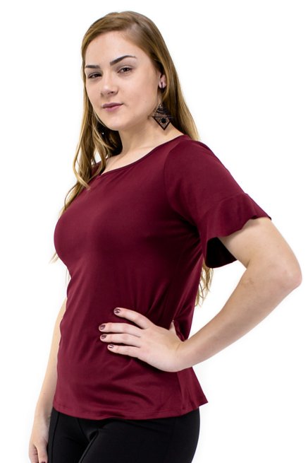  Blusa Manga Curta Camurça Babado Lisa Bordo