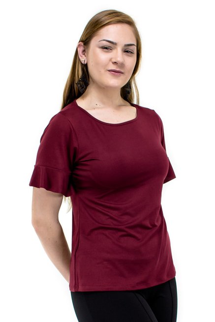  Blusa Manga Curta Camurça Babado Lisa Bordo