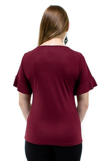  Blusa Manga Curta Camurça Babado Lisa Bordo