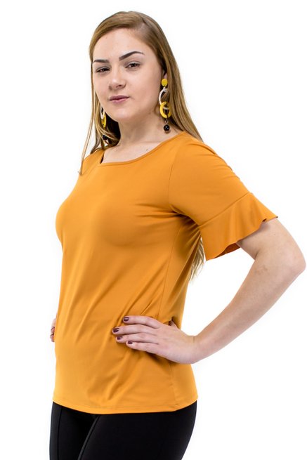 Blusa Manga Curta Camurça Babado Lisa Laranja