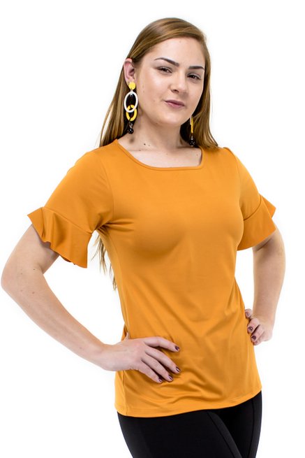 Blusa Manga Curta Camurça Babado Lisa Laranja
