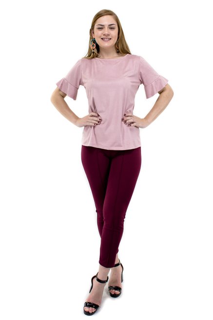 Blusa Manga Curta Camurça Babado Lisa Rosa