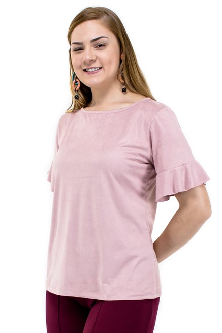 Blusa Manga Curta Camurça Babado Lisa Rosa