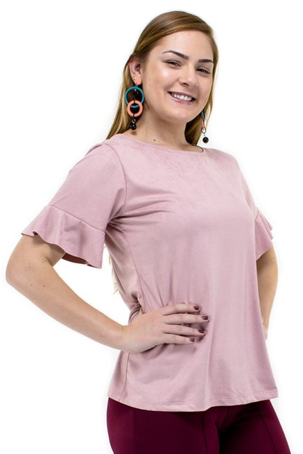 Blusa Manga Curta Camurça Babado Lisa Rosa