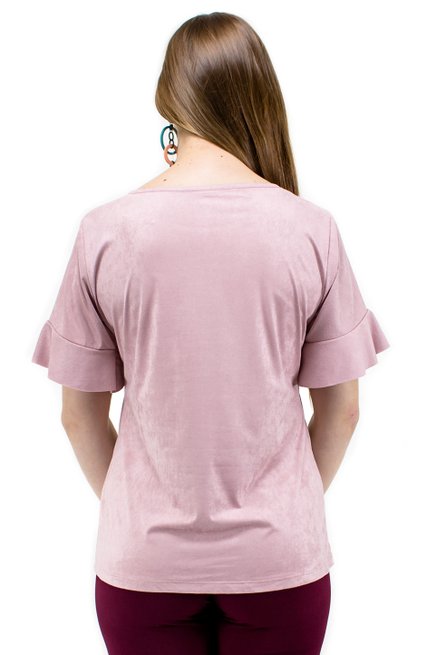 Blusa Manga Curta Camurça Babado Lisa Rosa