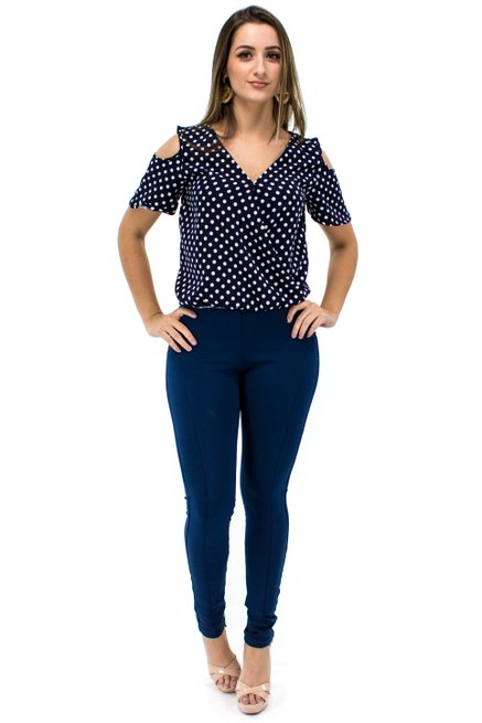Blusa Manga Curta Estampa Poá Azul Marinho