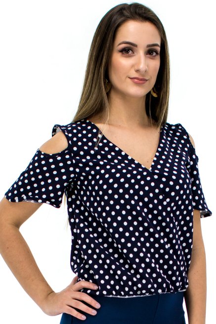 Blusa Manga Curta Estampa Poá Azul Marinho