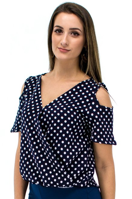Blusa Manga Curta Estampa Poá Azul Marinho