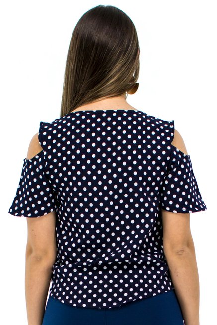 Blusa Manga Curta Estampa Poá Azul Marinho