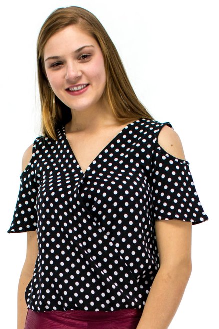 Blusa Manga Curta Estampa Poá Preta