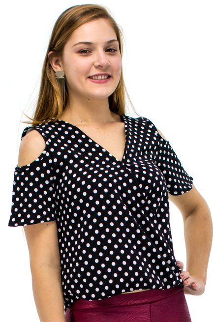 Blusa Manga Curta Estampa Poá Preta