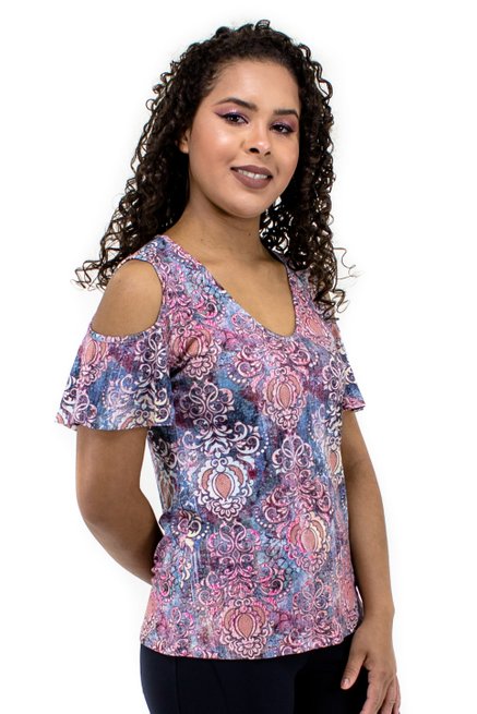 Blusa Manga Curta Viscolycra Estampa Caxemira Roxa