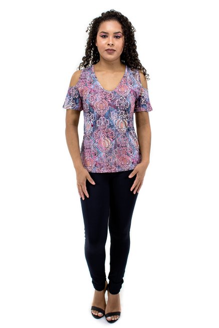 Blusa Manga Curta Viscolycra Estampa Caxemira Roxa