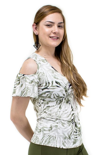 Blusa Manga Curta Viscolycra Estampa Folhas Verde