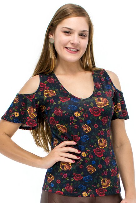 Blusa Manga Curta Viscolycra Floral Grafite