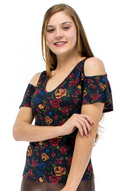 Blusa Manga Curta Viscolycra Floral Grafite