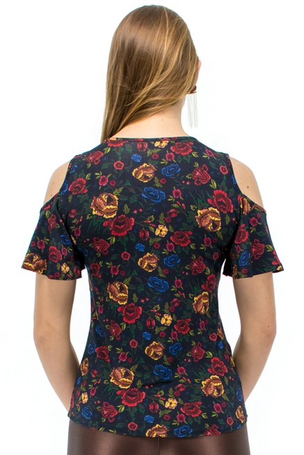 Blusa Manga Curta Viscolycra Floral Grafite