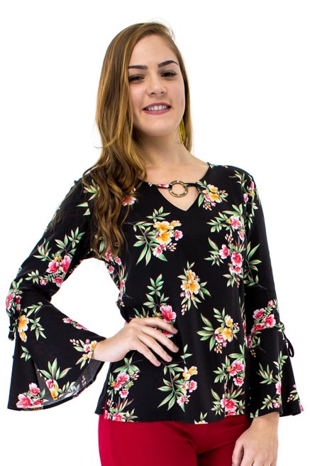Blusa Manga Flare Estampa Floral Black