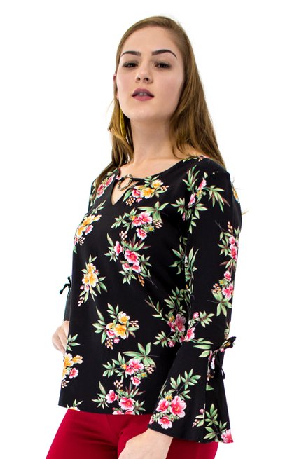 Blusa Manga Flare Estampa Floral Black