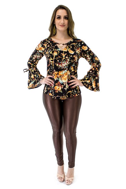 Blusa Manga Flare Estampa Floral Black