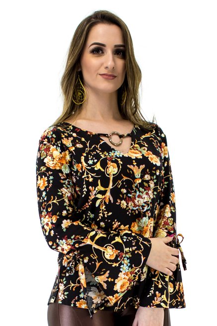 Blusa Manga Flare Estampa Floral Black