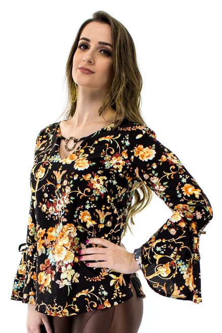 Blusa Manga Flare Estampa Floral Black
