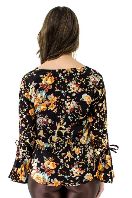 Blusa Manga Flare Estampa Floral Black