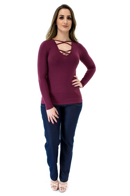 Blusa Manga Longa Canelada Lisa Vinho