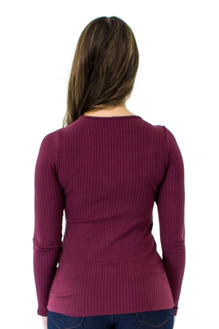 Blusa Manga Longa Canelada Lisa Vinho