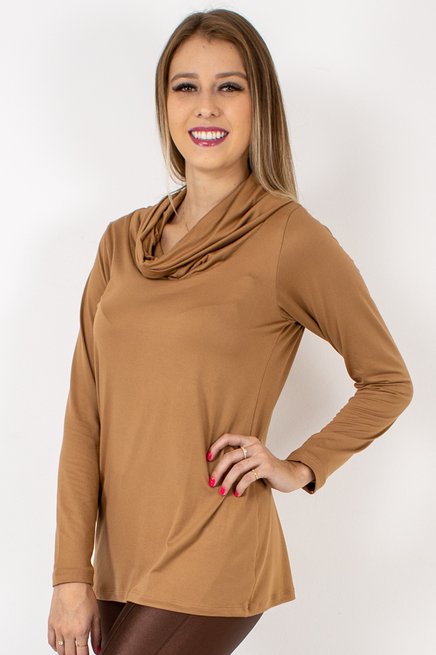 Blusa Manga Longa Feminina Gola Alta Camurça