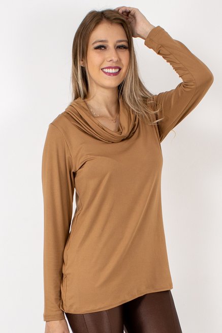 Blusa Manga Longa Feminina Gola Alta Camurça