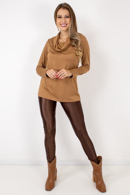 Blusa Manga Longa Feminina Gola Alta Camurça