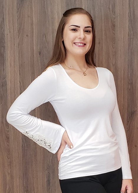 Blusa Manga Longa Guipir Lisa Branca
