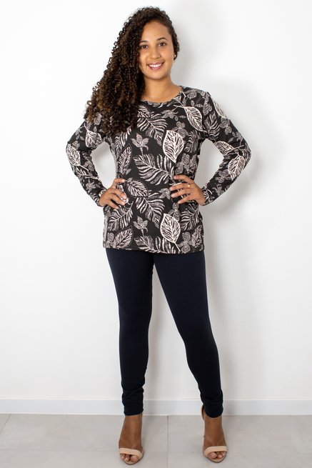 Blusa Manga Longa Meia Túnica Estampa Floral Preto e Branco