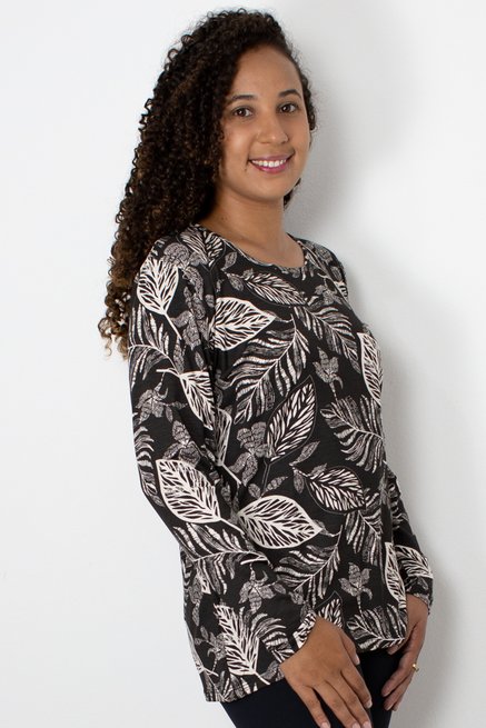 Blusa Manga Longa Meia Túnica Estampa Floral Preto e Branco