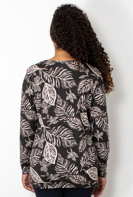 Blusa Manga Longa Meia Túnica Estampa Floral Preto e Branco