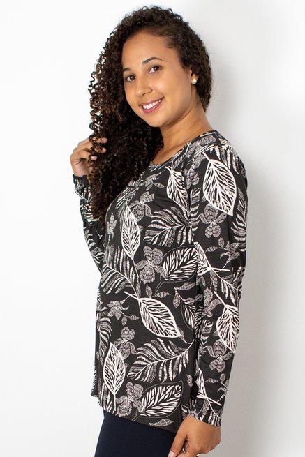 Blusa Manga Longa Meia Túnica Estampa Floral Preto e Branco