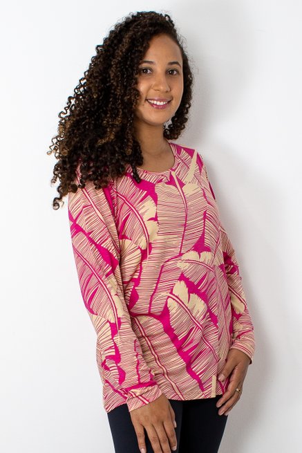 Blusa Manga Longa Meia Túnica Estampa Folhas
