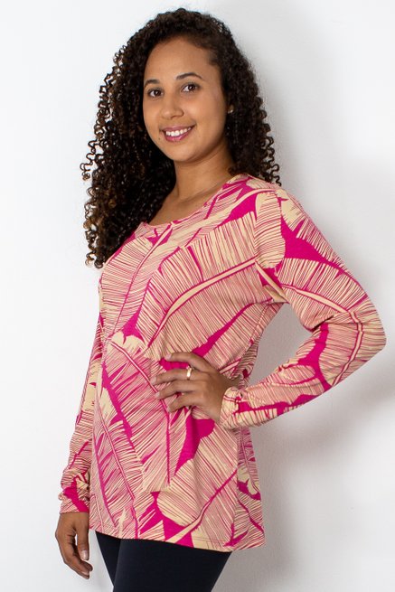 Blusa Manga Longa Meia Túnica Estampa Folhas