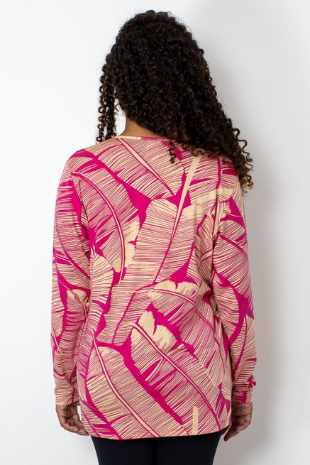 Blusa Manga Longa Meia Túnica Estampa Folhas