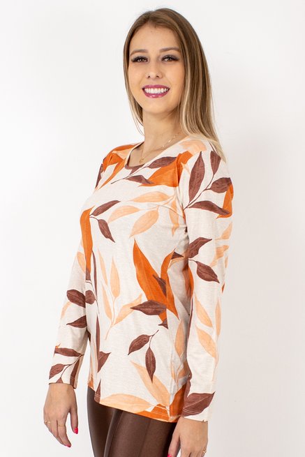 Blusa Manga Longa Meia Túnica Estampa Folhas