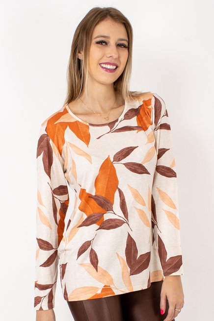 Blusa Manga Longa Meia Túnica Estampa Folhas