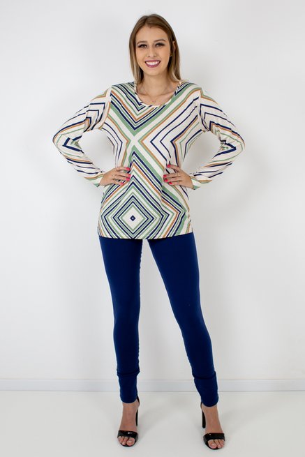 Blusa Manga Longa Meia Túnica Estampa Geométrica