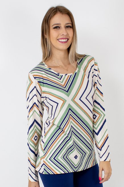 Blusa Manga Longa Meia Túnica Estampa Geométrica