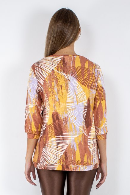 Blusa Marinheiro Manga ¾ em Malha Viscolycra Estampa Abstrata Tons Terrosos