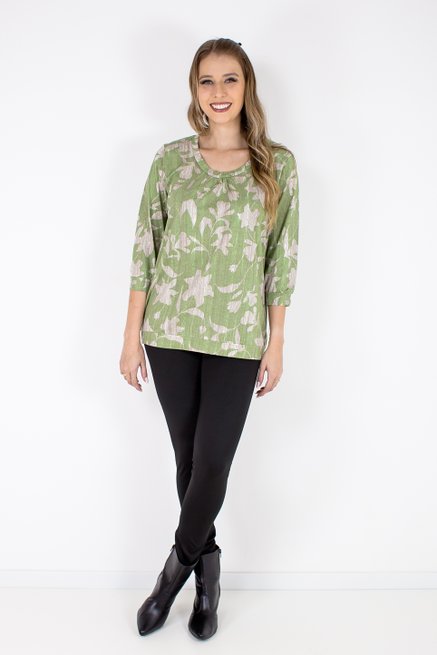 Blusa Marinheiro Manga ¾ em Malha Viscolycra Estampa Floral Verde