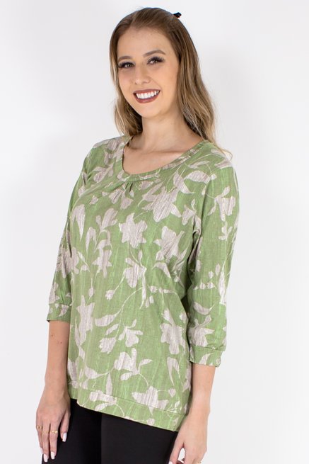 Blusa Marinheiro Manga ¾ em Malha Viscolycra Estampa Floral Verde