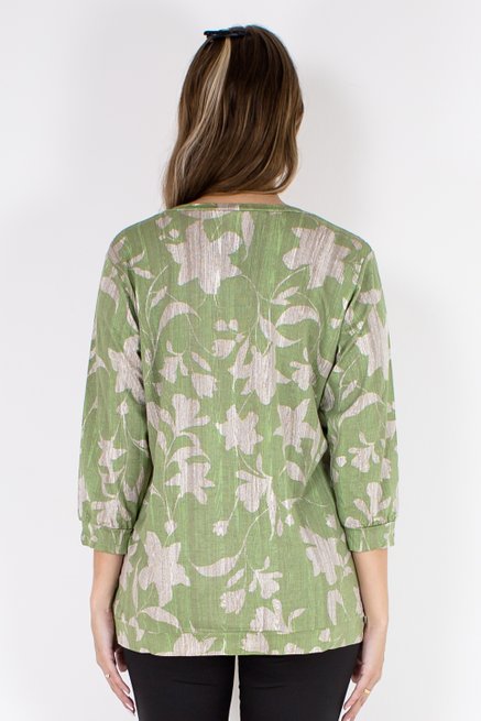 Blusa Marinheiro Manga ¾ em Malha Viscolycra Estampa Floral Verde